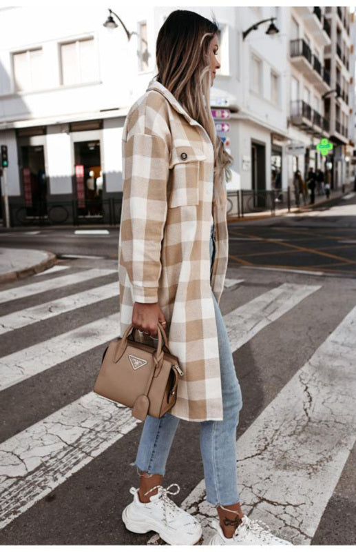 Plaid Jackets- Plaid Long Shirt Jacket- - Pekosa Women Clothing