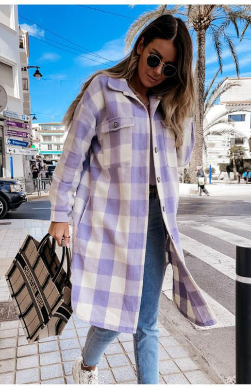 Plaid Jackets- Plaid Long Shirt Jacket- - Pekosa Women Clothing