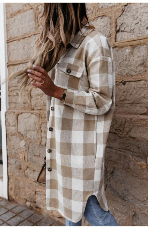 Plaid Jackets- Plaid Long Shirt Jacket- - Pekosa Women Clothing