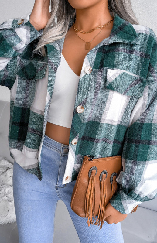 Plaid Jackets- Plaid Tweed Crop Jacket- - Pekosa Women Clothing