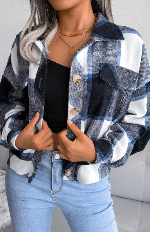 Plaid Jackets- Plaid Tweed Crop Jacket- - Pekosa Women Clothing