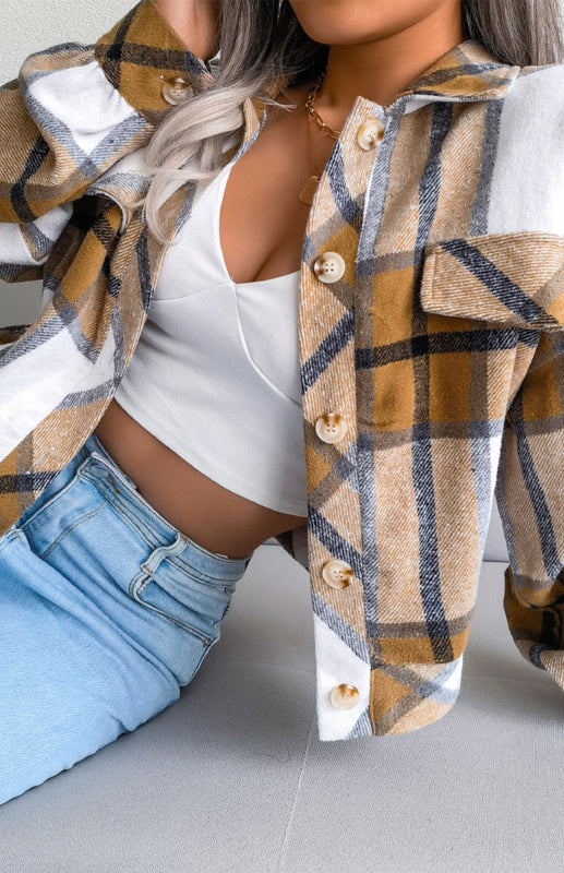 Plaid Jackets- Plaid Tweed Crop Jacket- - Pekosa Women Clothing
