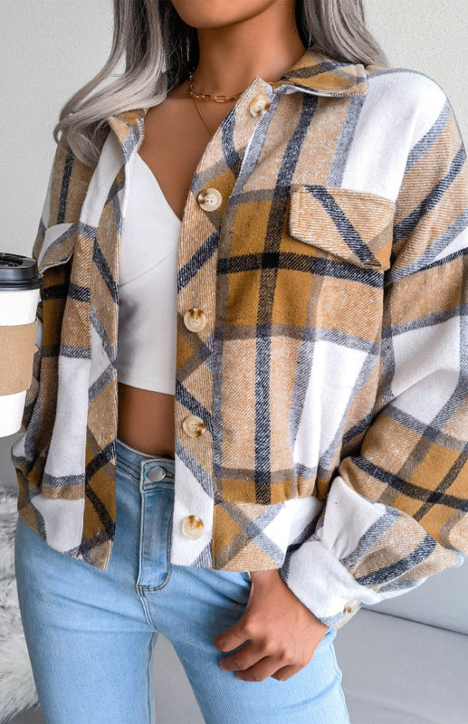 Plaid Jackets- Plaid Tweed Crop Jacket- - Pekosa Women Clothing