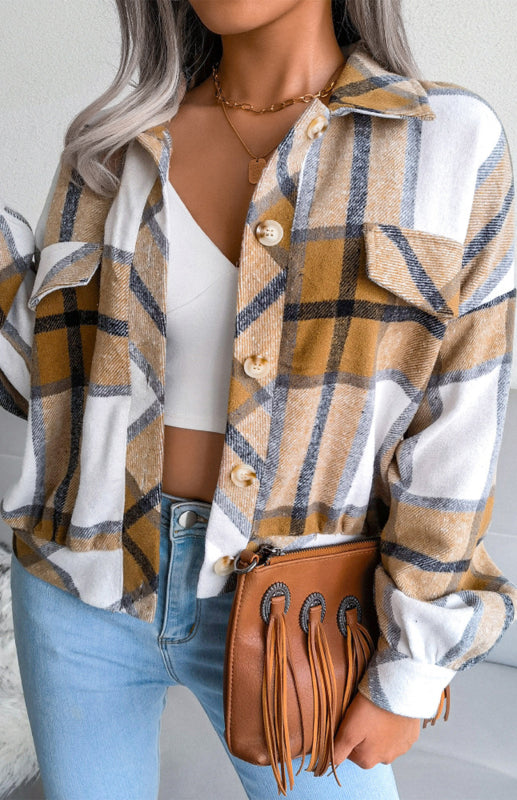 Plaid Jackets- Plaid Tweed Crop Jacket- - Pekosa Women Clothing