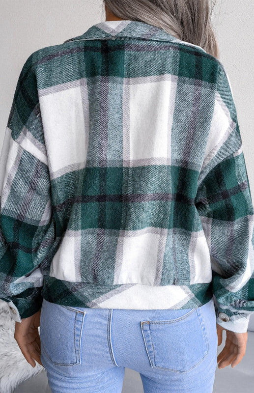 Plaid Jackets- Plaid Tweed Crop Jacket- - Pekosa Women Clothing