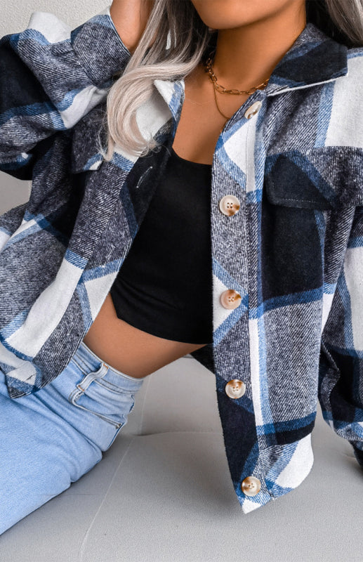 Plaid Jackets- Plaid Tweed Crop Jacket- - Pekosa Women Clothing