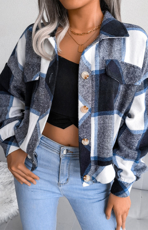 Plaid Jackets- Plaid Tweed Crop Jacket- - Pekosa Women Clothing