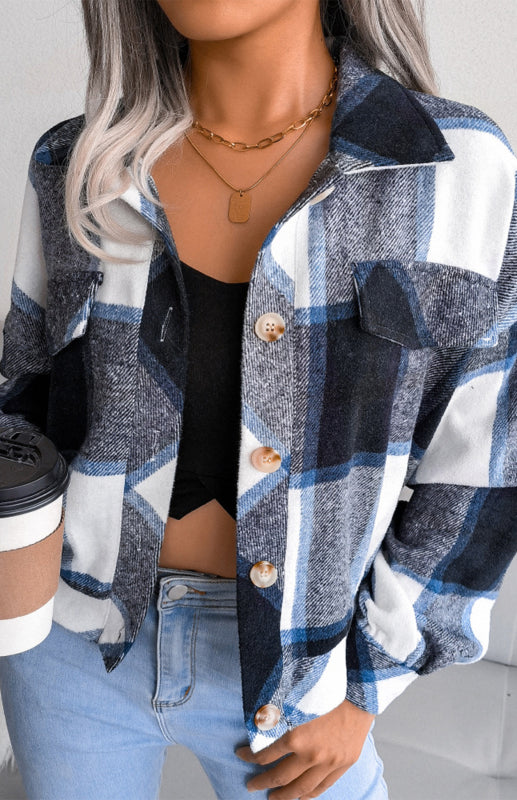 Plaid Jackets- Plaid Tweed Crop Jacket- - Pekosa Women Clothing