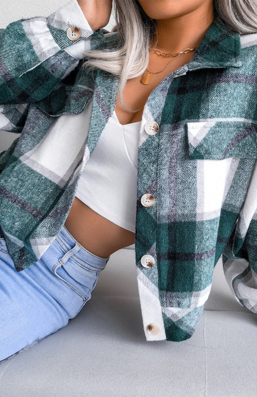 Plaid Jackets- Plaid Tweed Crop Jacket- - Pekosa Women Clothing