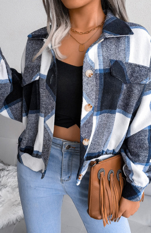 Plaid Jackets- Plaid Tweed Crop Jacket- Navy blue- Pekosa Women Clothing