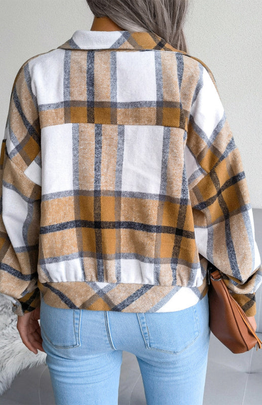 Plaid Jackets- Plaid Tweed Crop Jacket- - Pekosa Women Clothing