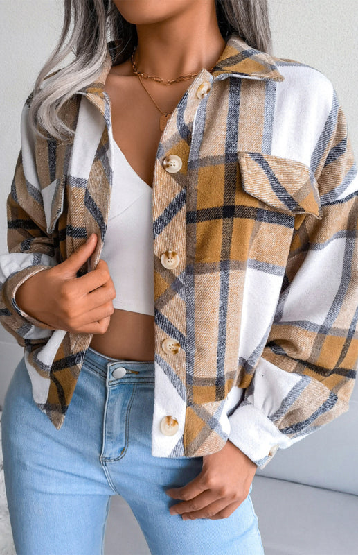 Plaid Jackets- Plaid Tweed Crop Jacket- Khaki- Pekosa Women Clothing