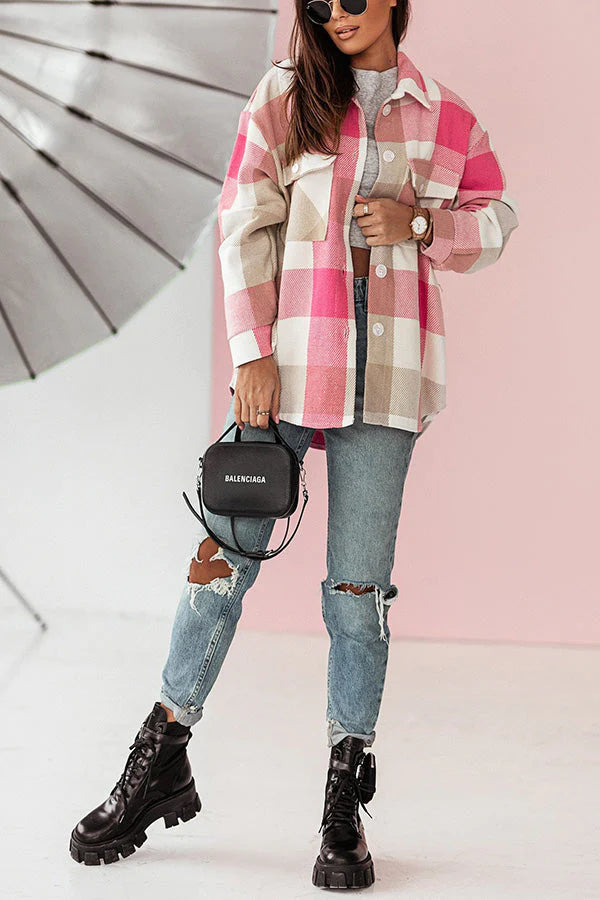 Plaid Jackets- Plaid Wool Button Jacket Overshirt- - Pekosa Women Clothing