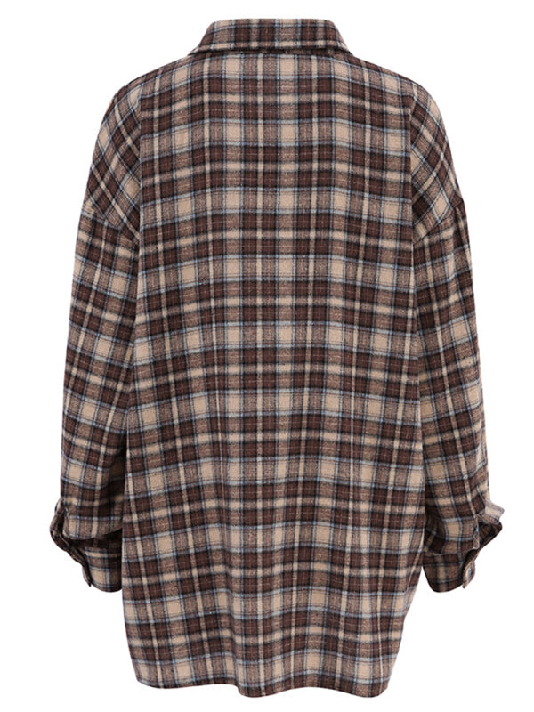 Plaid Shirts- Fall Cotton Blend Plaid Shacket in Vintage Tan - Mid-Length Shirt- - Pekosa Women Clothing