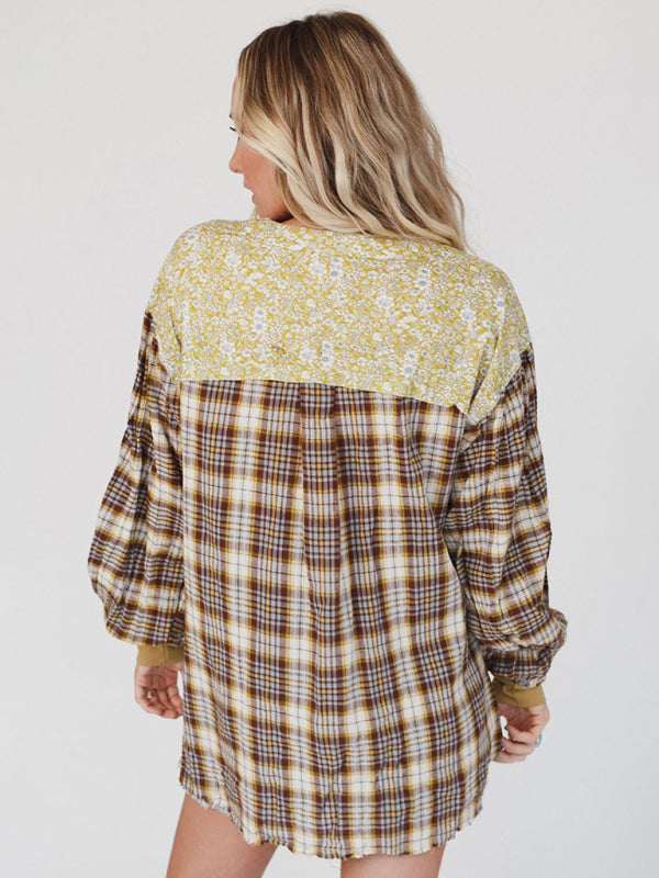 Plaid Shirts- Oversized Drop Shoulder Floral and Plaid Cotton Blend Shirt- - Pekosa Women Clothing