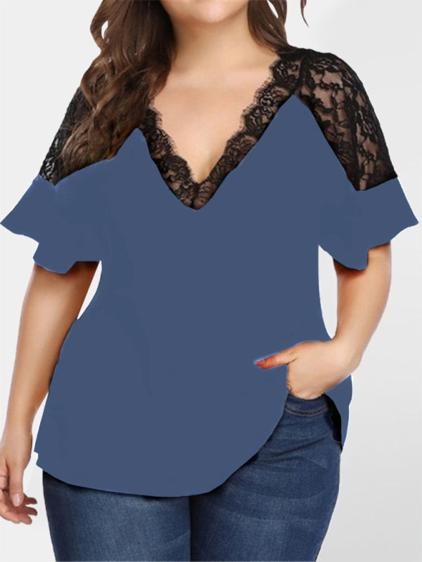Plus Size Blouses- Curvy V-Neck Blouse with Lace Accents- Black- Pekosa Women Fashion