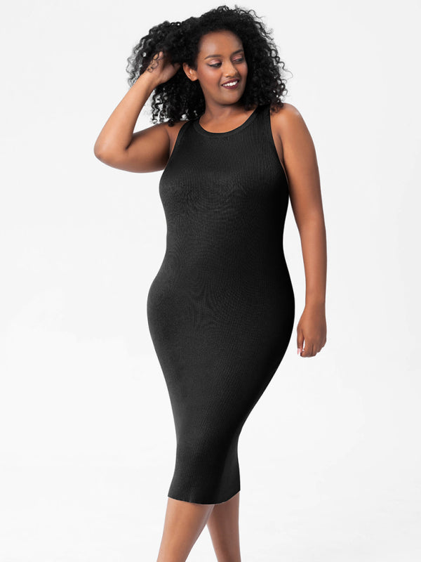 Plus Size Dresses- Curve-Hugging Plus Size Knit Bodycon Tank Dress- - Pekosa Women Fashion
