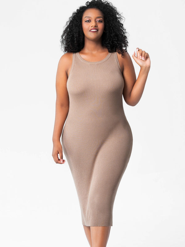Plus Size Dresses- Curve-Hugging Plus Size Knit Bodycon Tank Dress- - Pekosa Women Fashion