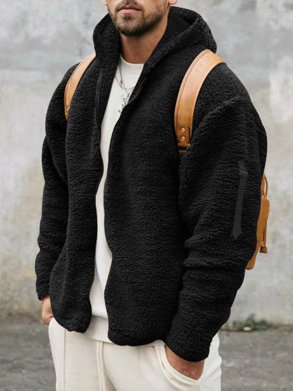Plush Jackets- Men's Oversized Hooded Jacket with Plush Faux Fur- Black- Pekosa Women Clothing