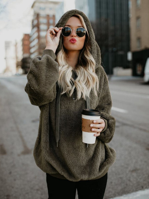 Plush Sweatshirts- Winter Teddy Plush Fleece Hoodie Sweatshirt- Green- Pekosa Women Clothing