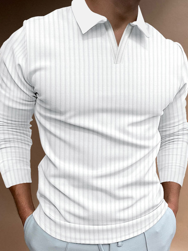Polo T-Shirts- Ribbed Long Sleeve Polo Tee for Men's Casual Wear- White- Pekosa Women Clothing