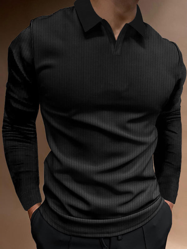 Polo T-Shirts- Ribbed Long Sleeve Polo Tee for Men's Casual Wear- Black- Pekosa Women Clothing