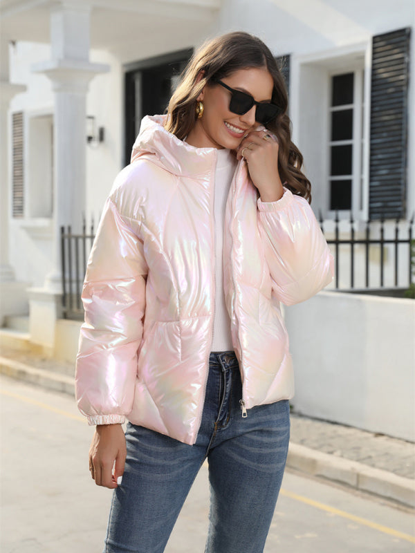 Puffers- Glossy Zip-Up Hooded Puffer Jacket Perfect for City Outings- - Pekosa Women Clothing