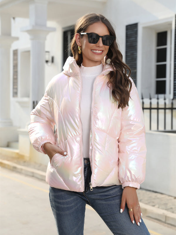 Puffers- Glossy Zip-Up Hooded Puffer Jacket Perfect for City Outings- - Pekosa Women Clothing