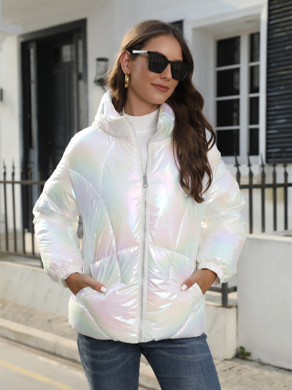 Puffers- Glossy Zip-Up Hooded Puffer Jacket Perfect for City Outings- - Pekosa Women Clothing