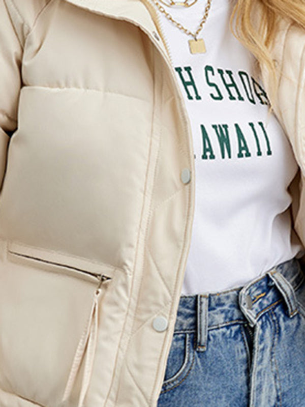 Puffers- Solid Stand Collar Semi Puffer Jacket- - Pekosa Women Clothing