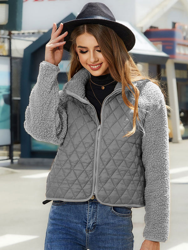 Quilted Jackets- Cozy Patched Plush Zip-Up Quilted Jacket- Grey- Pekosa Women Clothing