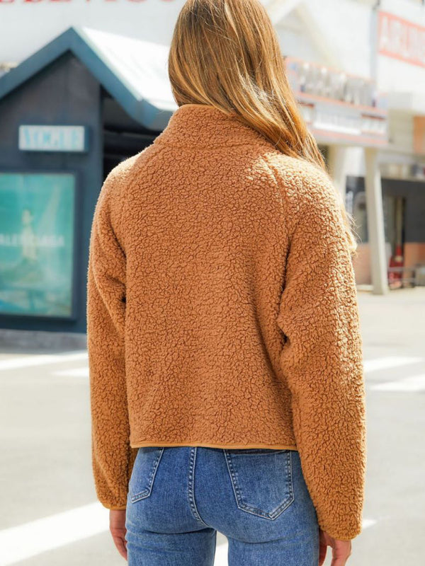 Quilted Jackets- Cozy Patched Plush Zip-Up Quilted Jacket- - Pekosa Women Clothing