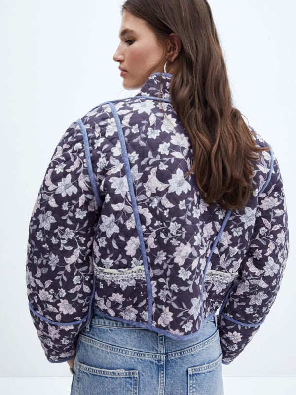 Quilted Jackets- Floral High Neck Open Front Double-Sided Quilted Crop Jacke- - Pekosa Women Clothing