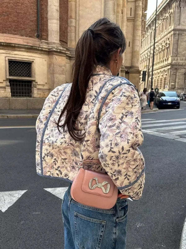 Quilted Jackets- Floral High Neck Open Front Double-Sided Quilted Crop Jacke- - Pekosa Women Clothing