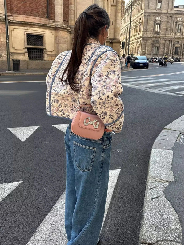 Quilted Jackets- Floral High Neck Open Front Double-Sided Quilted Crop Jacke- - Pekosa Women Clothing