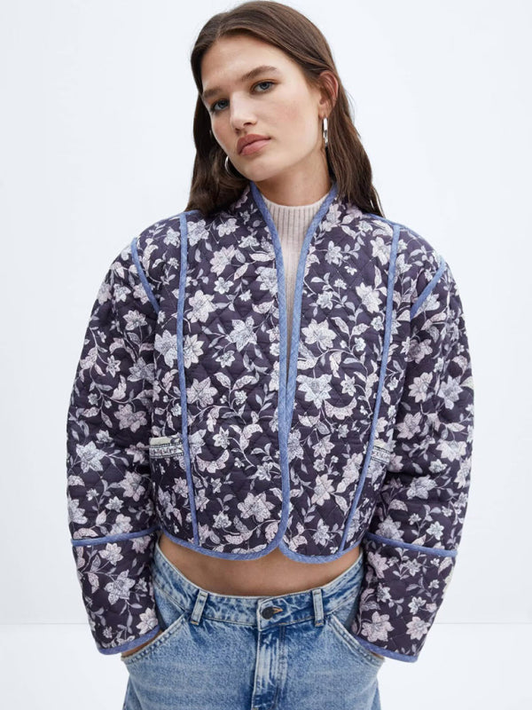 Quilted Jackets- Floral High Neck Open Front Double-Sided Quilted Crop Jacke- - Pekosa Women Clothing