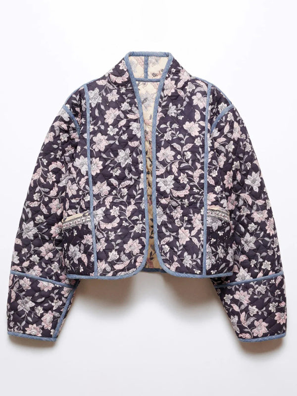Quilted Jackets- Floral High Neck Open Front Double-Sided Quilted Crop Jacke- - Pekosa Women Clothing