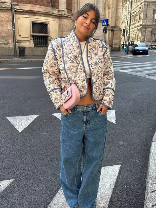 Quilted Jackets- Floral High Neck Open Front Double-Sided Quilted Crop Jacke- - Pekosa Women Clothing