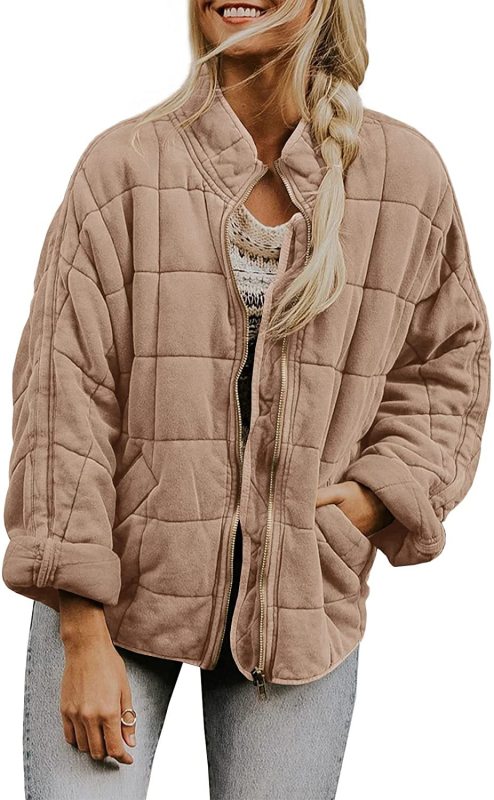Quilted Jackets- Solid Cotton Blend High Neck Zip-Up Quilted Jacket- Khaki- Pekosa Women Clothing