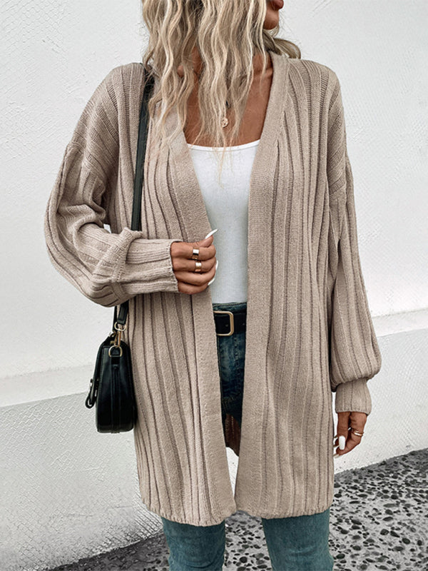 Ribbed Cardigans- Oversize Midi Length Rib-Knit Cardigan with Pockets- - Pekosa Women Clothing