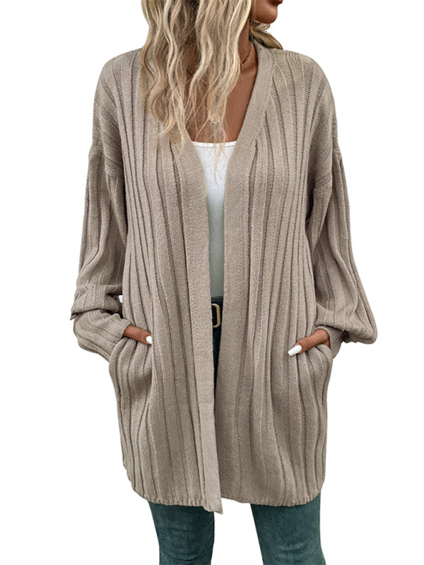 Ribbed Cardigans- Oversize Midi Length Rib-Knit Cardigan with Pockets- - Pekosa Women Clothing