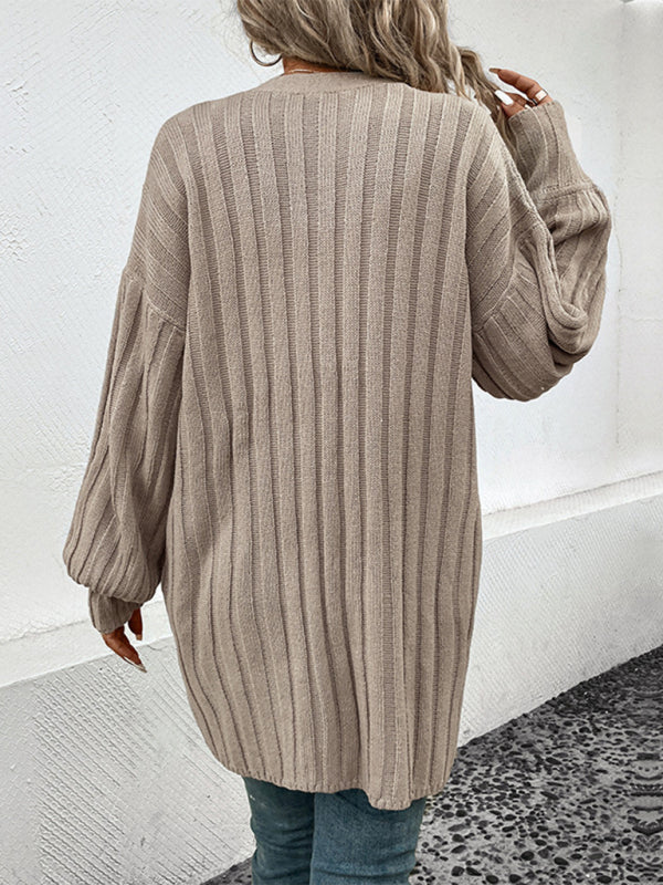 Ribbed Cardigans- Oversize Midi Length Rib-Knit Cardigan with Pockets- - Pekosa Women Clothing