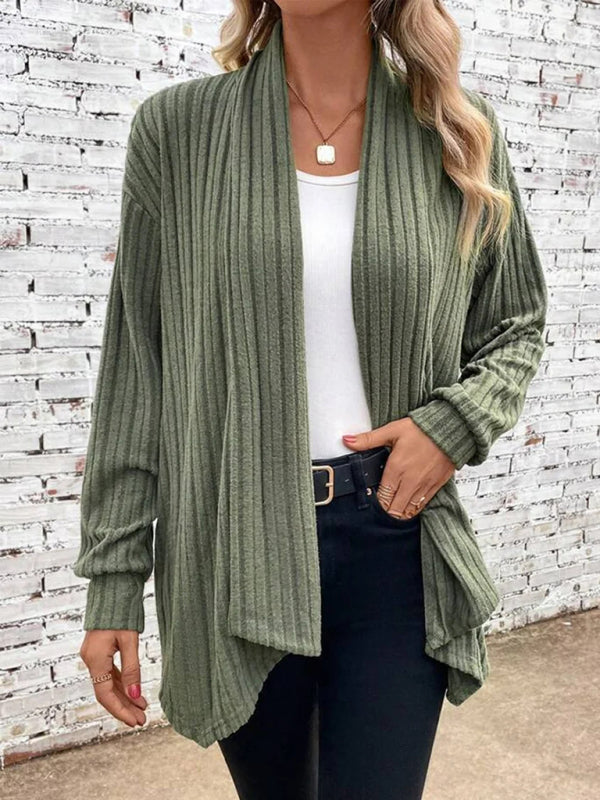 Ribbed Cardigans- Solid Rib-Knit Waterfall Cardigan- Green- Pekosa Women Clothing