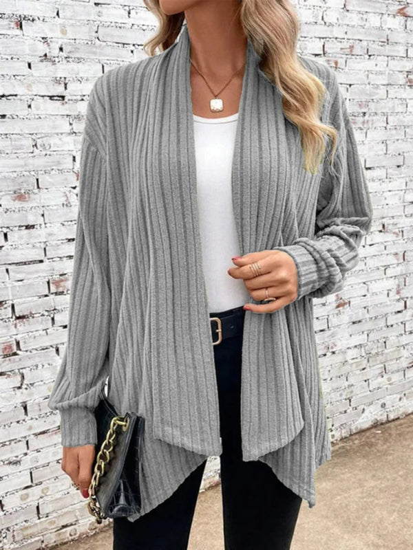 Ribbed Cardigans- Solid Rib-Knit Waterfall Cardigan- Grey- Pekosa Women Clothing