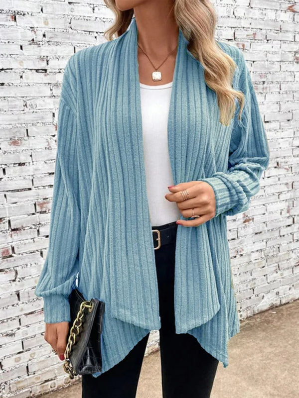 Ribbed Cardigans- Solid Rib-Knit Waterfall Cardigan- Blue- Pekosa Women Clothing