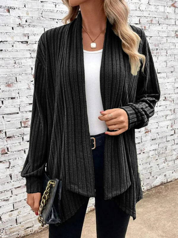 Ribbed Cardigans- Solid Rib-Knit Waterfall Cardigan- Black- Pekosa Women Clothing