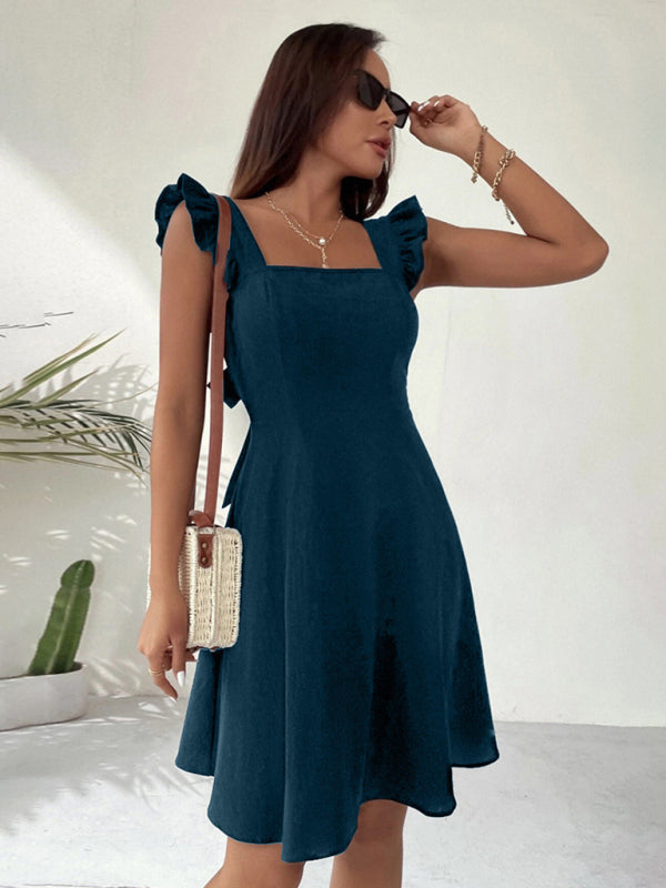 Romantic Dresses- Cocktail Solid Cotton Bow Backless A-Line Square Neck Dress- - Pekosa Women Clothing