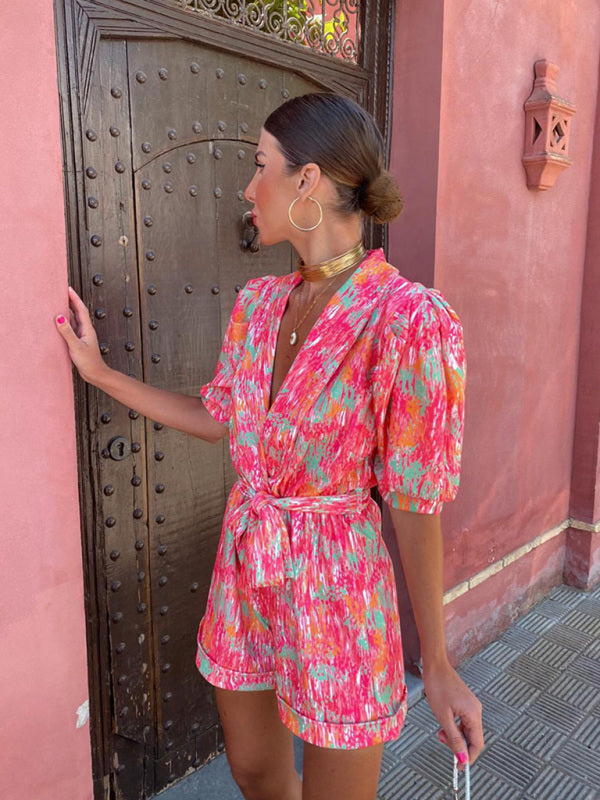 Rompers- Elegant Abstract Print Plunge Shawl Lapels Belt Tie Romper- - Pekosa Women Clothing