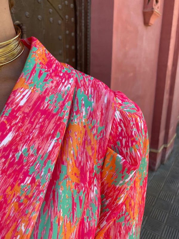 Rompers- Elegant Abstract Print Plunge Shawl Lapels Belt Tie Romper- - Pekosa Women Clothing