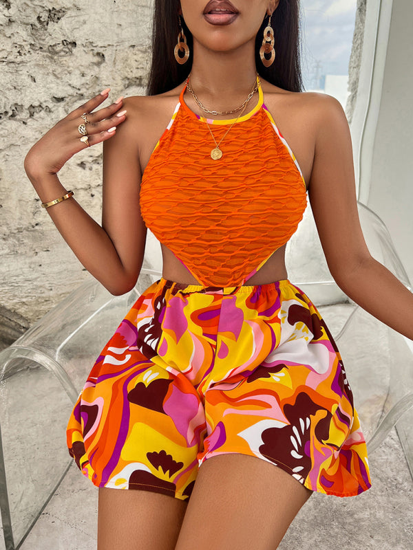 Rompers- Summer Romper - Halter Neck Backless Playsuit- - Pekosa Women Clothing